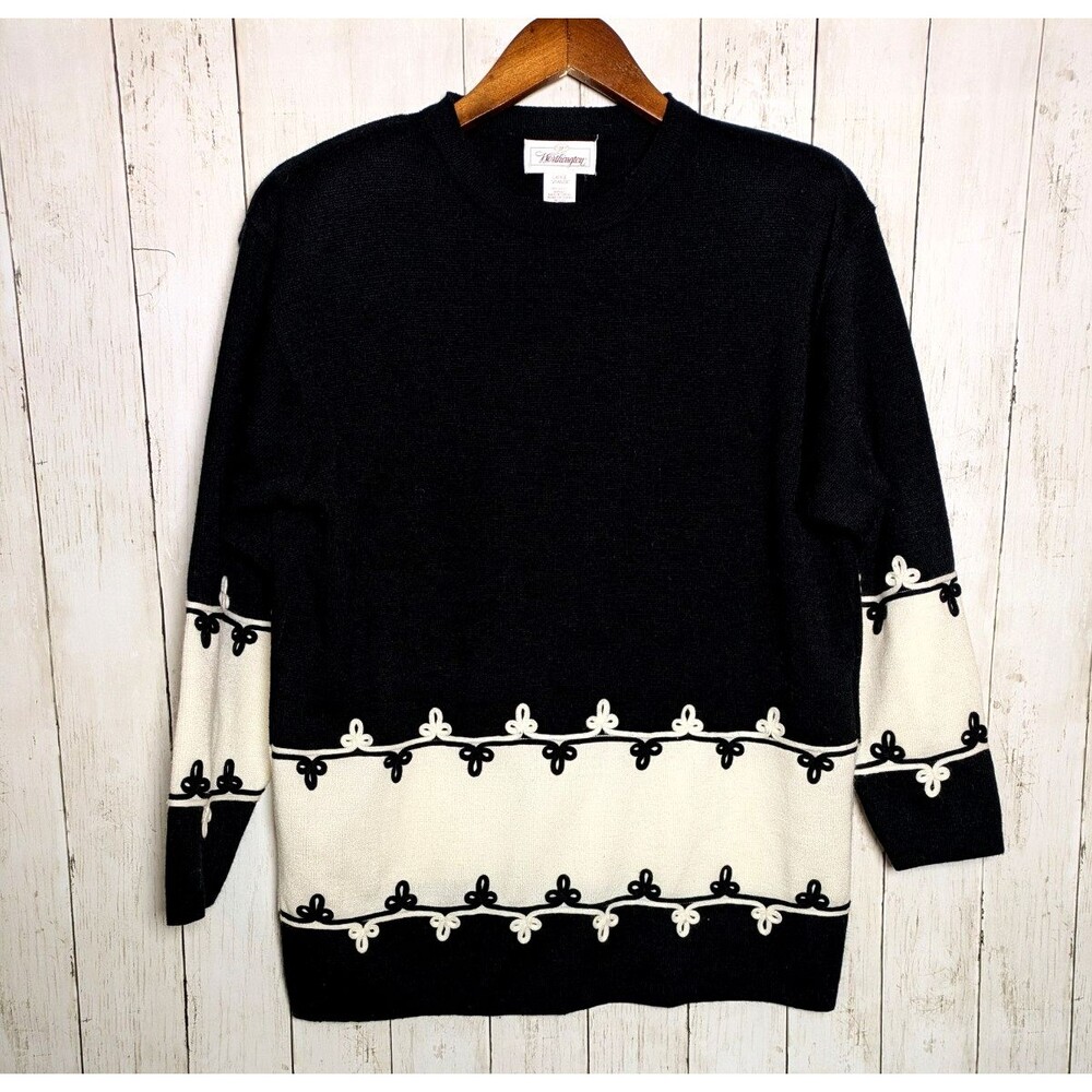 Vintage Worthington Black White Knit Sweater Size Large Fleur Trim Cozy Winter